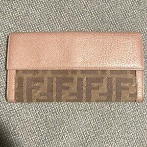 Fendi Zucca Canvas & Leather Bifold Wallet In PINK & Brown With Snap Closure & I
